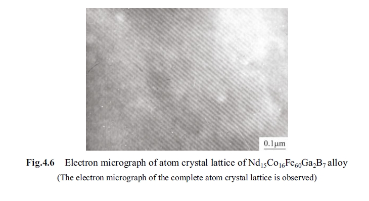 Electron micrograph of atom crystal lattice of Nd15Co16Fe60Ga2B7 alloy