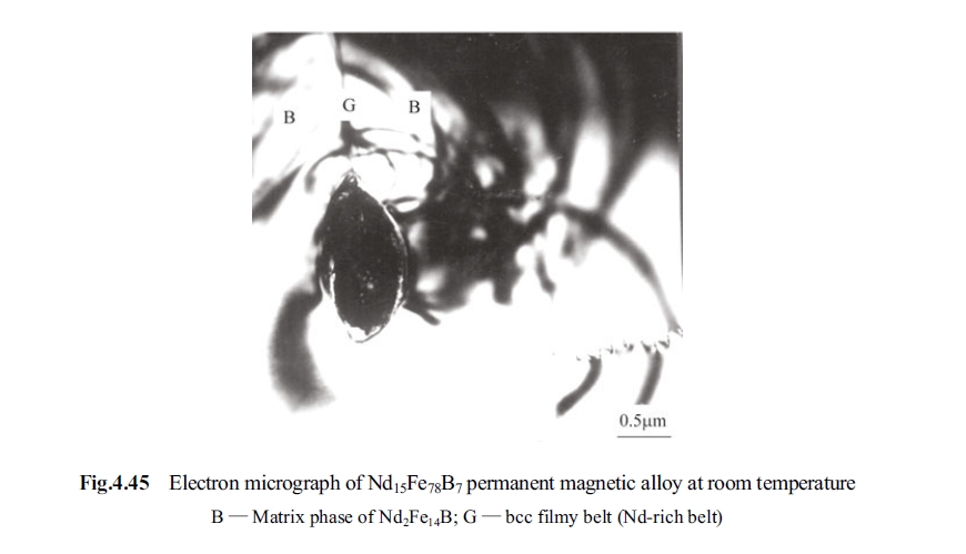Electron micrograph of Nd15Fe78B7 permanent magnetic alloy at room temperature
