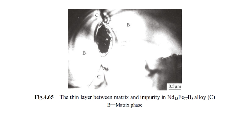 Fig.4.65 The thin layer between matrix and impurity in Nd15Fe77B8 alloy (C)